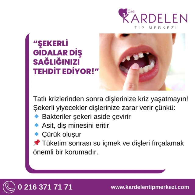 🍭Şekerli gıdalar sadece kilonuzu değil, diş sağlığınızı da tehdit ediyor!
Ağız içinde asit üretimini artırarak diş minesine zarar verir ve çürüklerin oluşmasına zemin hazırlar.
🪥Düzenli diş bakımı + kontrollü şeker tüketimi = Sağlıklı gülüşler
📍Diş kontrolleriniz için merkezimize bekleriz.